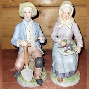 Vintage Old Farm Couple Man w/Shovel & Woman w/Basket of Grapes Anniversary Gift